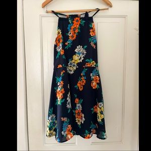 Audrey Skater Dress in Dark Blue Tropical Floral Pattern